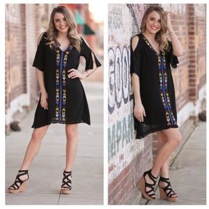 Embroidered Cold Shoulder Fringe BOHO Festival Tunic Dress Fully LINED Size M